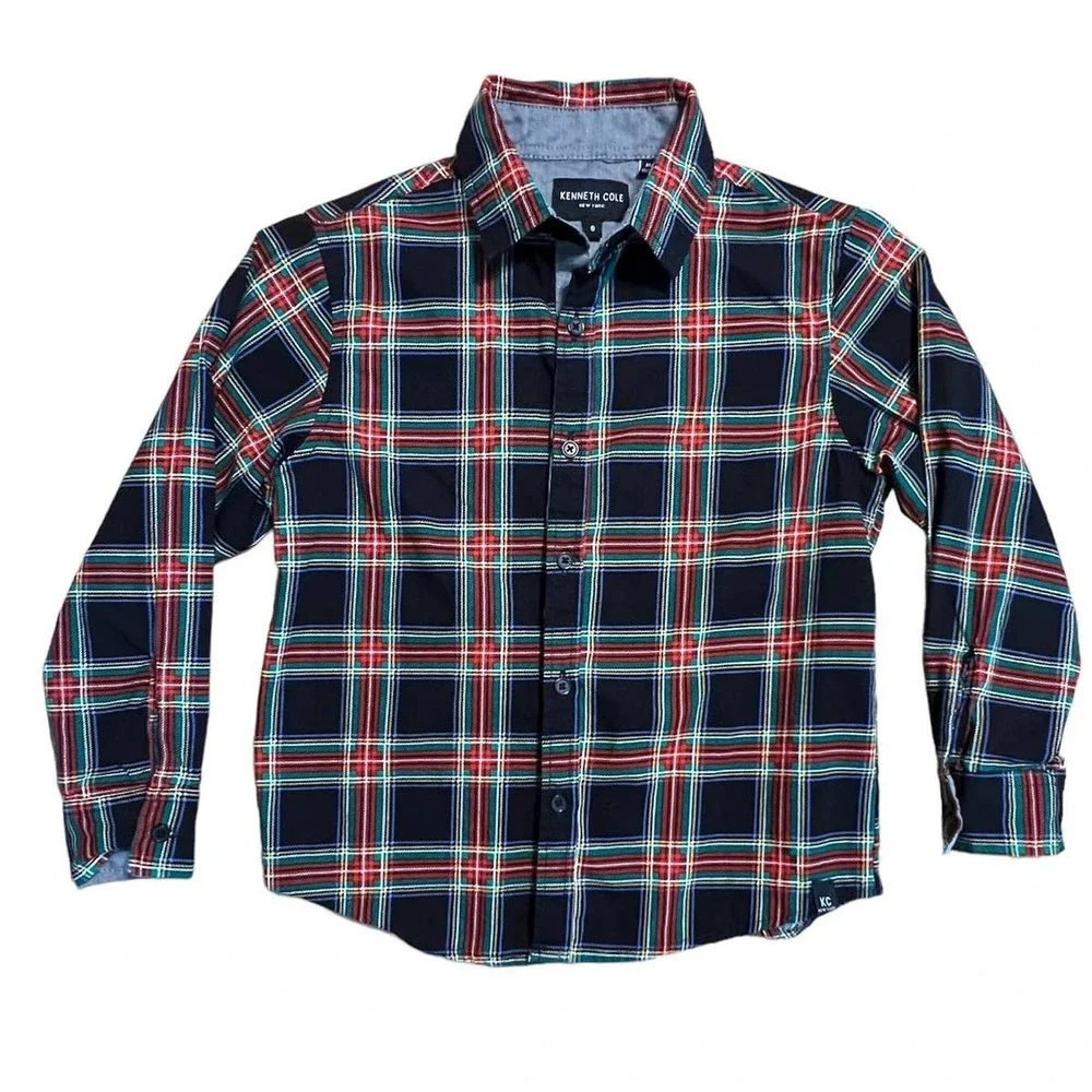Kenneth Cole Trartan Plaid Button Down Shirt Boys 6 Black Red Green Prep Holiday